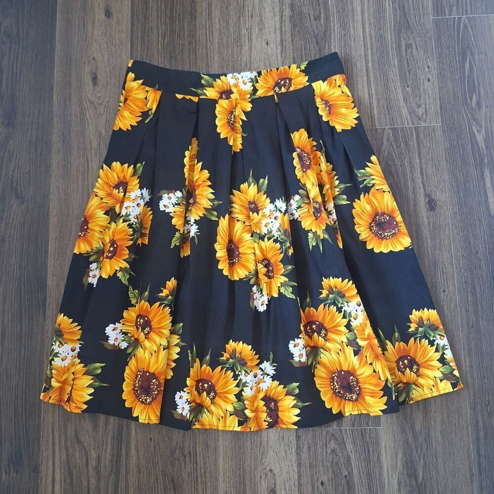 💙 Sunflower Pleated Midi Skirt Cotton Blend Size XL Floral Cottage Core Feminin